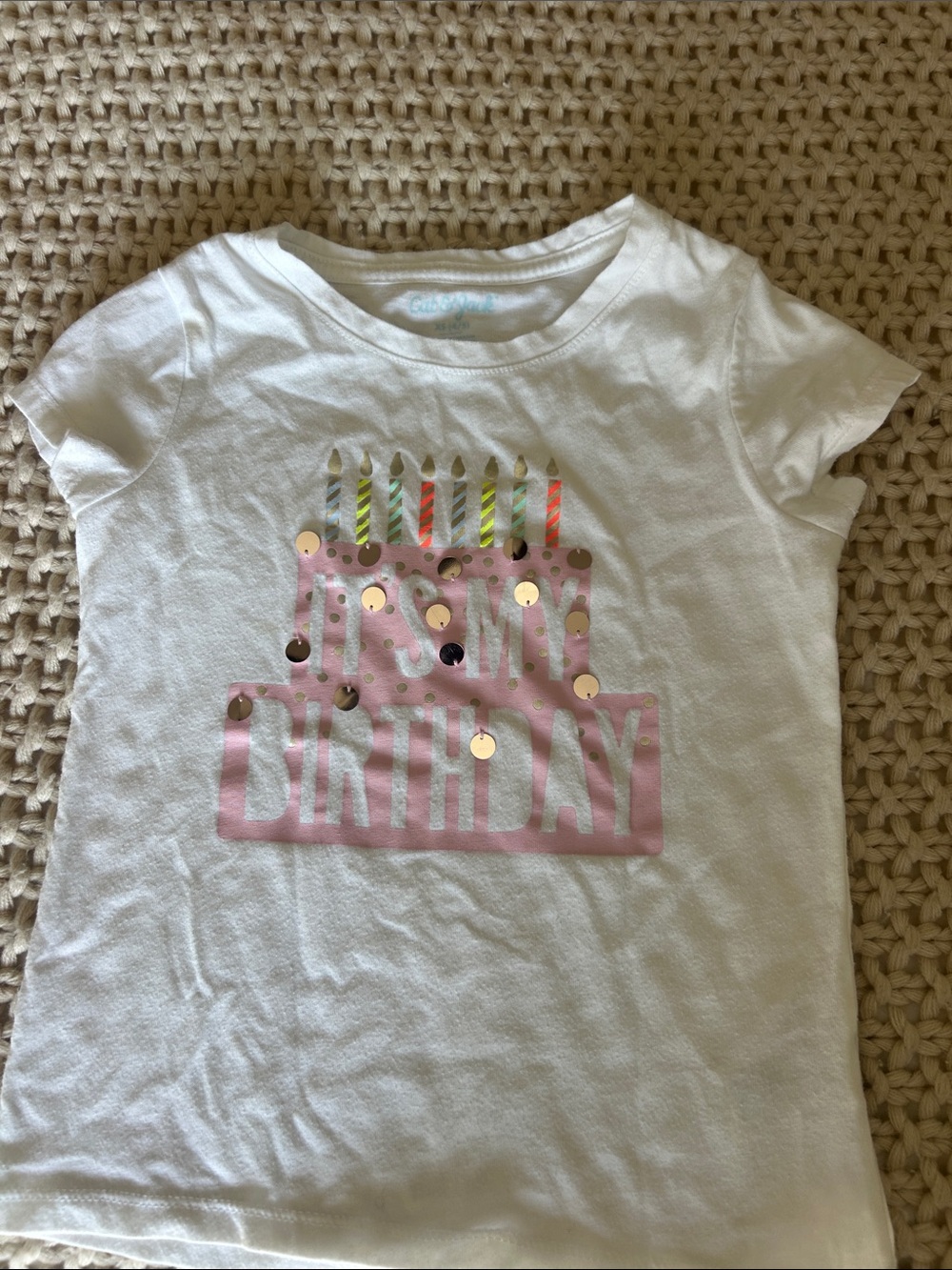 Cat & Jack White Tee with Pink 'Birthday' Cake and Gold Sequins